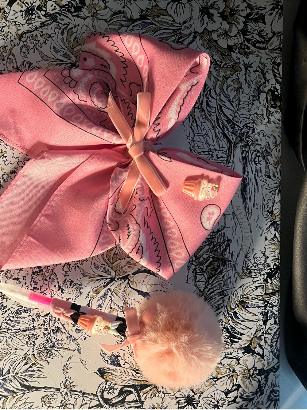 Handmade Pink Bow Hair Clip with Pom Pom Pen Set and Ice Cream Charm